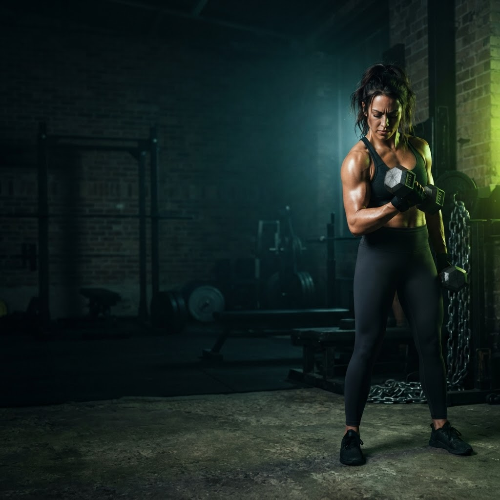Athlete curling a dumbbell in a dark industrial gym