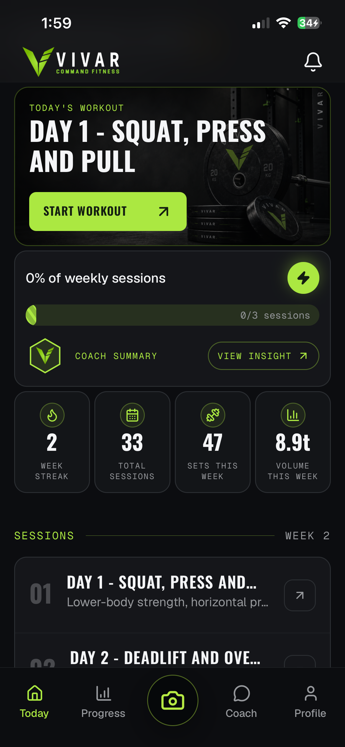 Today screen showing the week's program and training stats