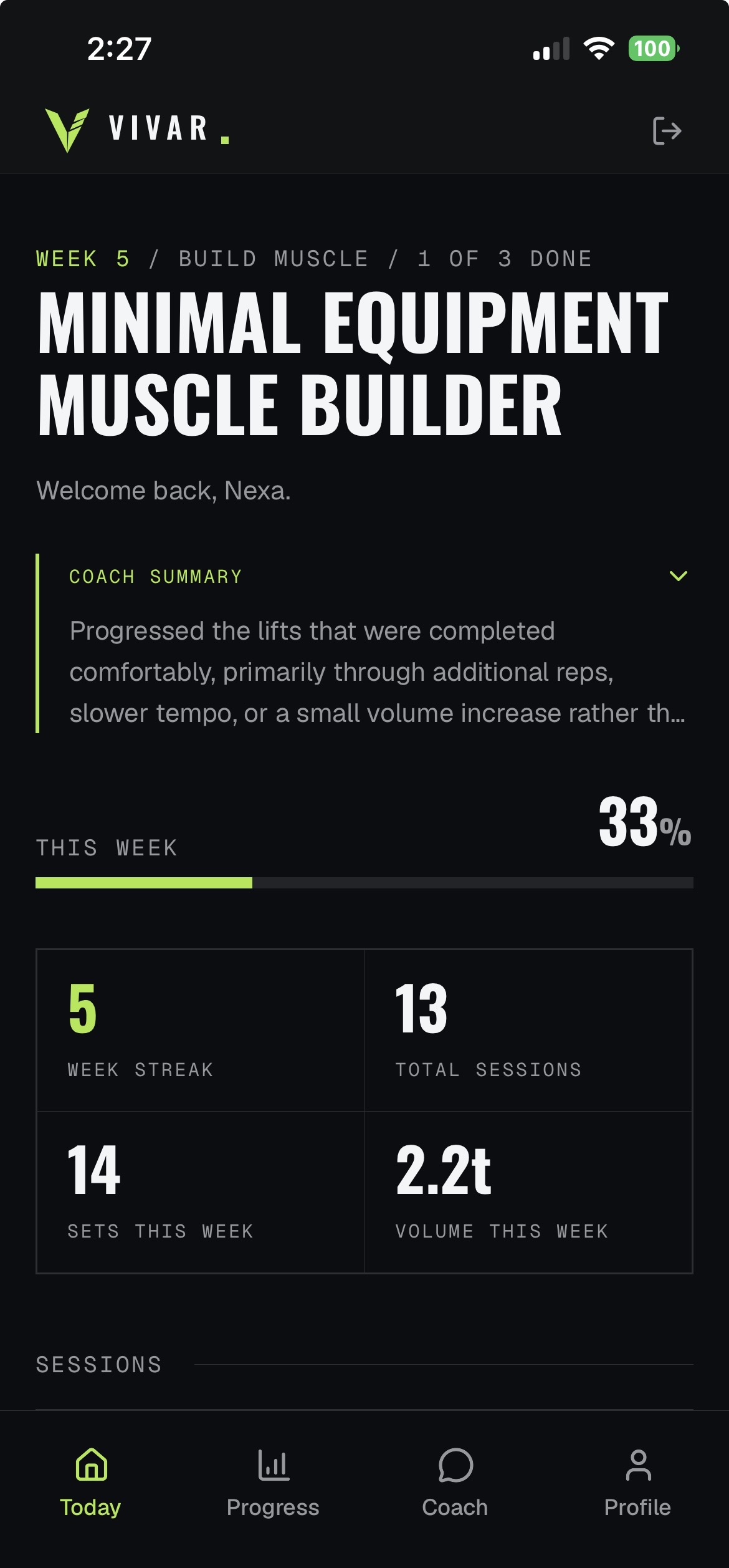 Today screen showing the week's program and training stats